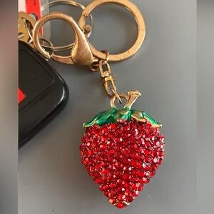 Rhinestone  strawberry bedazzled bag charm keychain, gold,  purse access…